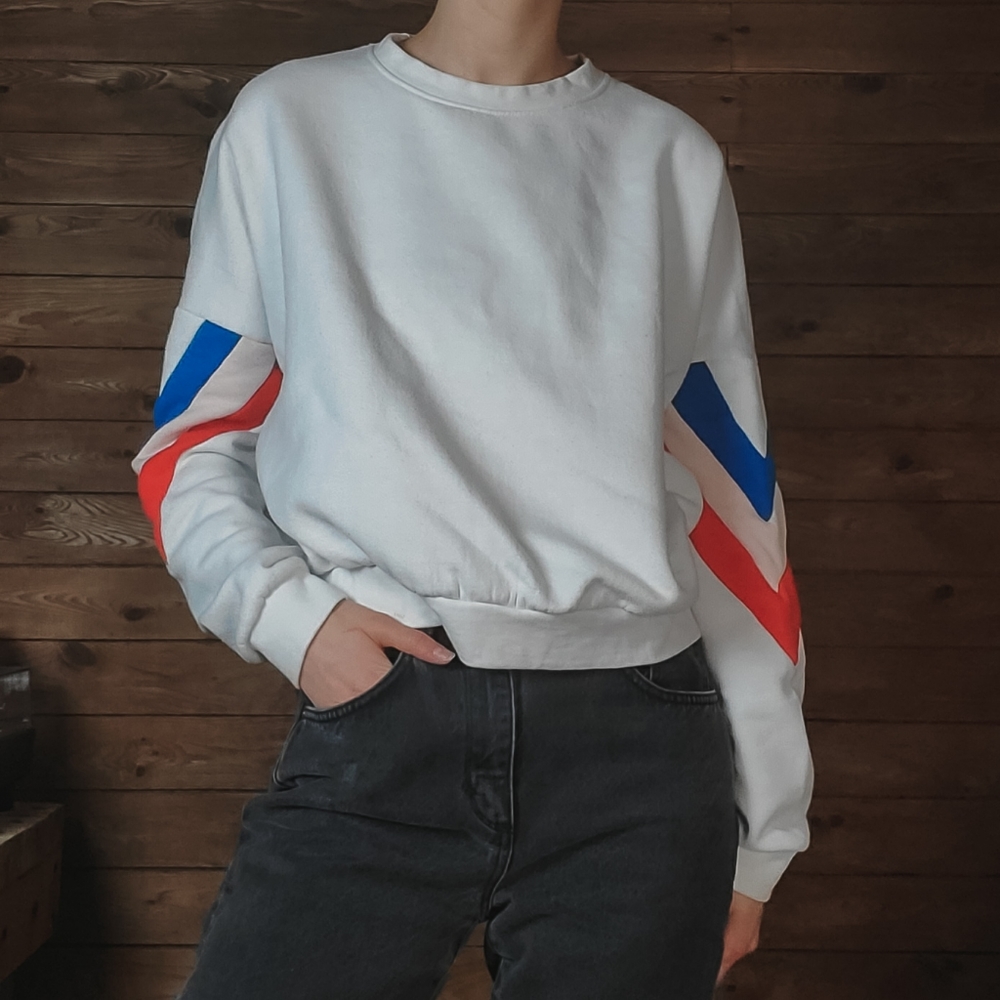 Striped White Red Blue Slightly Cropped Sweater